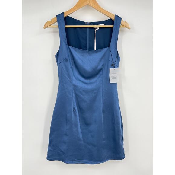 MORE TO COME | NWT Orana Mini Dress in Blue Satin Square Neck Sheath XS - Picture 3 of 13
